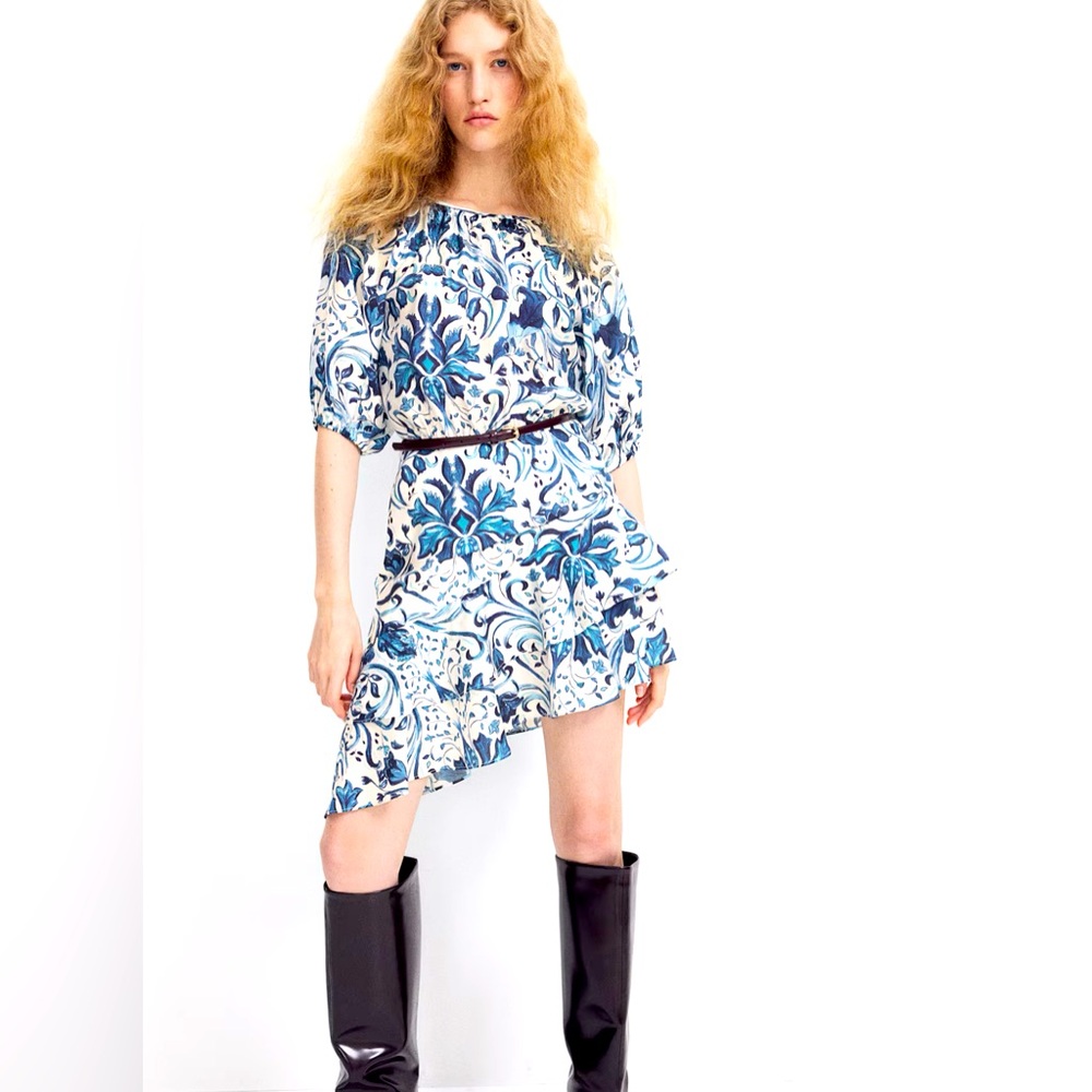 H&M Blue & White Floral Tiered Dress